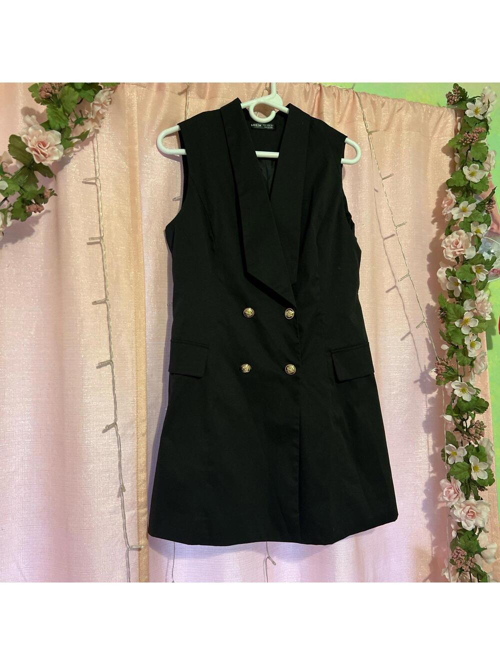 Black sleeveless blazer dress with gold  buttons